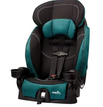 Harnessed booster seat with teal headrest and black shell, padded armrests