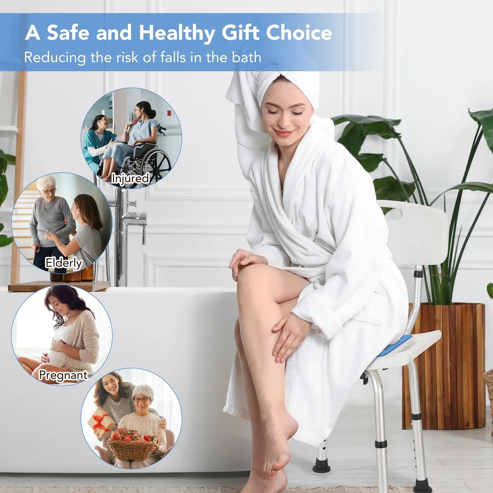 Naipo Adjustable Height Shower Chair with Backrest and EVA Padded, Bathtub Bench Seat Transfer for Disabled, Seniors & Elderly, Tool-Free Assembly
