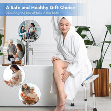 Shower chair with white backrest and blue padded seat for safe bathtub transfers