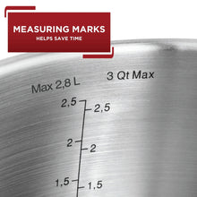 Stainless steel sauce pan interior with measurement markings up to 3 qt