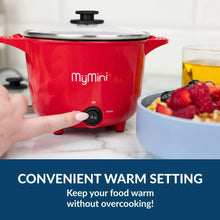 Red electric multi-cooker pot with glass lid and front control dial