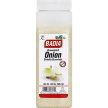 Badia granulated onion seasoning bottle, clear shaker with pale beige granules