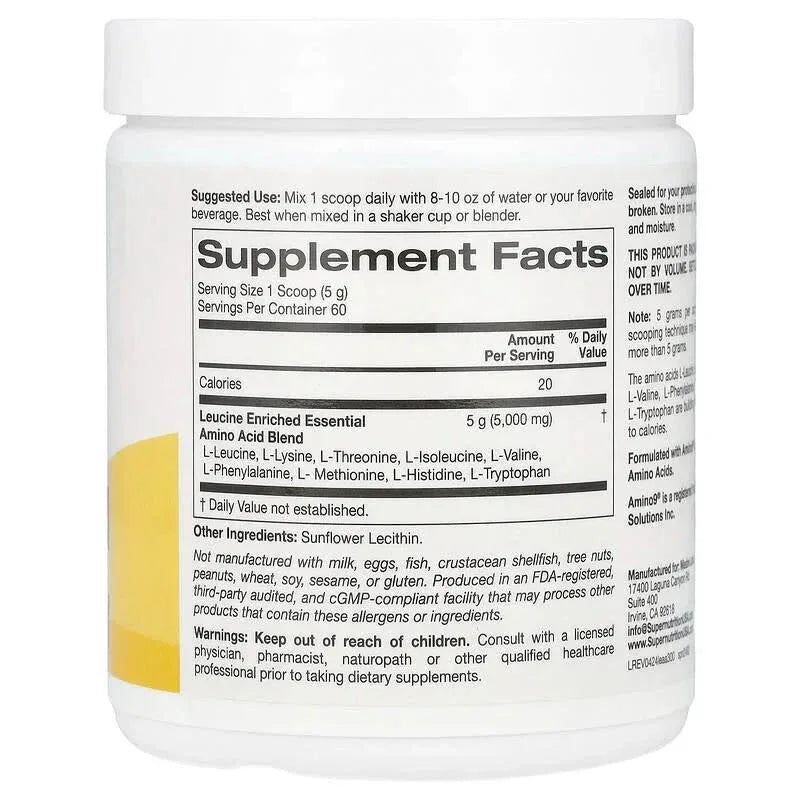 Super Nutrition, Leucine Enriched Essential Amino Acids with L-Leucine, L-Lysine, L-Threonine, and L-Isoleucine, Unflavored, 10.58 oz (300 g) - USA MEGA SHOP