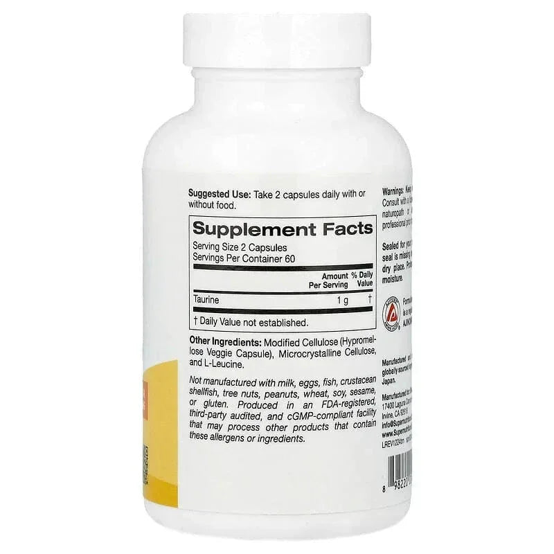 Super Nutrition, Taurine, 120 Veggie Capsules (500 mg per Capsule) - USA MEGA SHOP