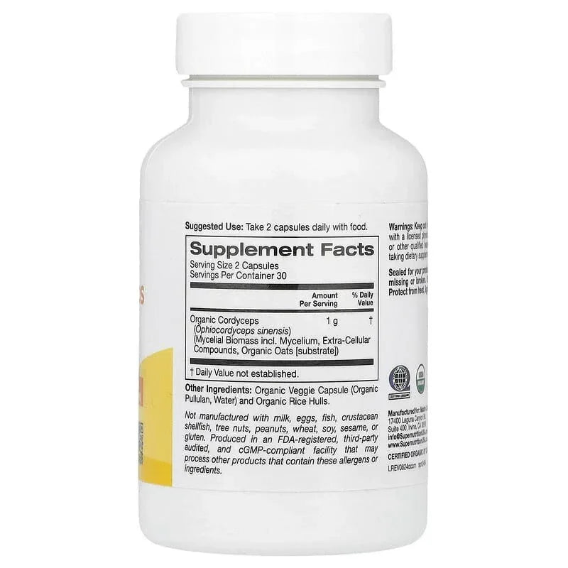 Super Nutrition, Organic Cordyceps Mushroom, 1 g, 60 Veggie Capsules (0.5 g per Capsule)