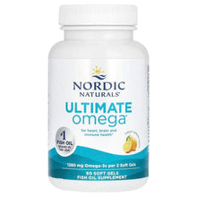 Omega soft gels fish oil supplement bottle with Nordic Naturals label and lemon graphic.