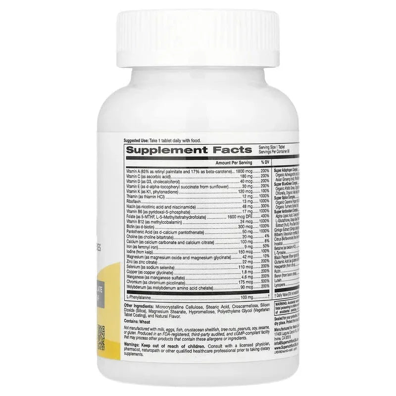 Super Nutrition, Simply One®, Men's 50+ Multivitamin with Super Adaptogens, B12, Greens, Spices & Antioxidants, 90 Tablets