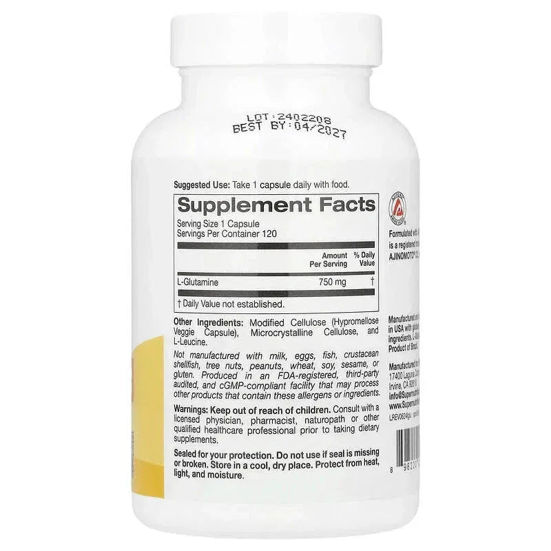 Super Nutrition, L-Glutamine, 750 mg, 120 Veggie Capsules - USA MEGA SHOP