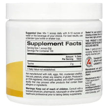 Supplement Facts label on supplement jar, taurin 2 g per serving