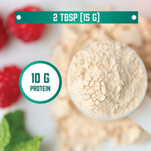 Organic pumpkin seed protein powder on spoon, 10 g protein shown per serving