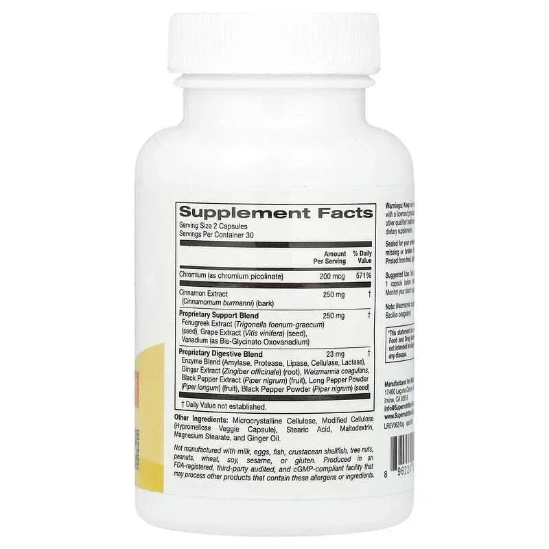 Super Nutrition, Blood Glucose Support with Chromium Picolinate, Cinnamon, Fenugreek, and Grape Extracts, 60 Veggie Capsules - USA MEGA SHOP