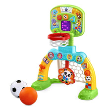 Kids sports activity toy with hoop, purple display, and goal arch with soccer ball