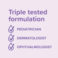 Triple tested formulation badge with check marks for pediatrician, dermatologist, ophthalmologist