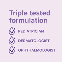 Triple tested formulation label with check marks: pediatrician, dermatologist, ophthalmologist