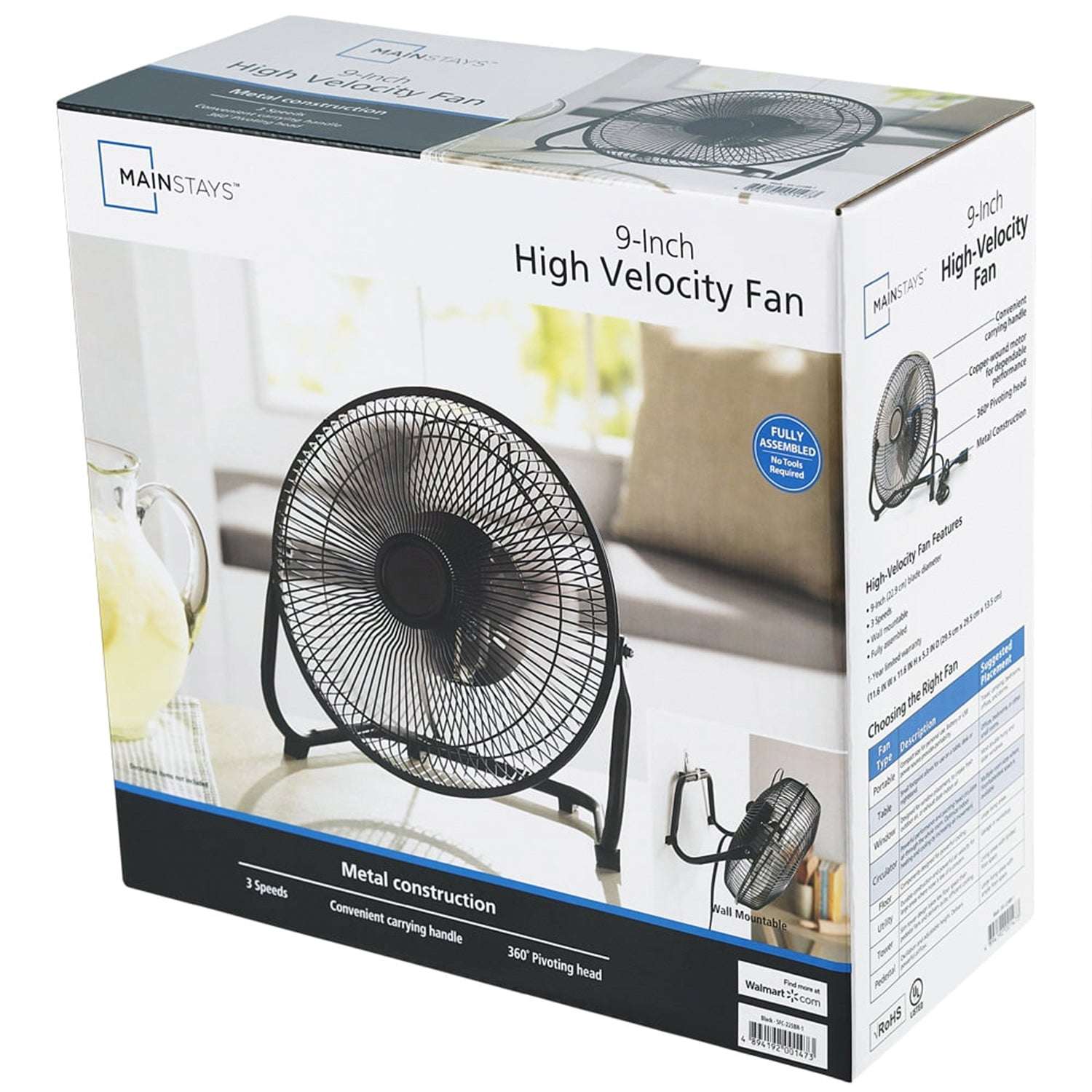 Mainstays 9 Inch High Velocity Metal 3-Speed Fan with 360-Degree Tilt and Wall Mount