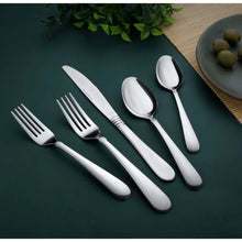 Stainless steel flatware set with forks and spoons, polished finish.