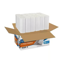 C-fold paper towel case with white folded towels protruding