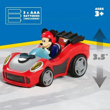 Red toy push car with Mickey figure, black rear spoiler, and detailed wheels