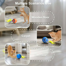 Interactive cat toy ball with blue body and green bristle brush tail, rechargeable