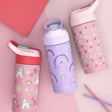 Vacuum insulated water bottle set featuring pink dinosaur, lavender rainbow, and pink floral bottles