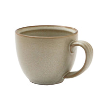 Stoneware coffee mug, speckled cream glaze with brown rim and curved handle