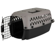Hard-sided pet carrier with hinged metal door open and vented gray side panel