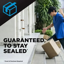 Sealed cardboard shipping box with packing tape applied along the top seam