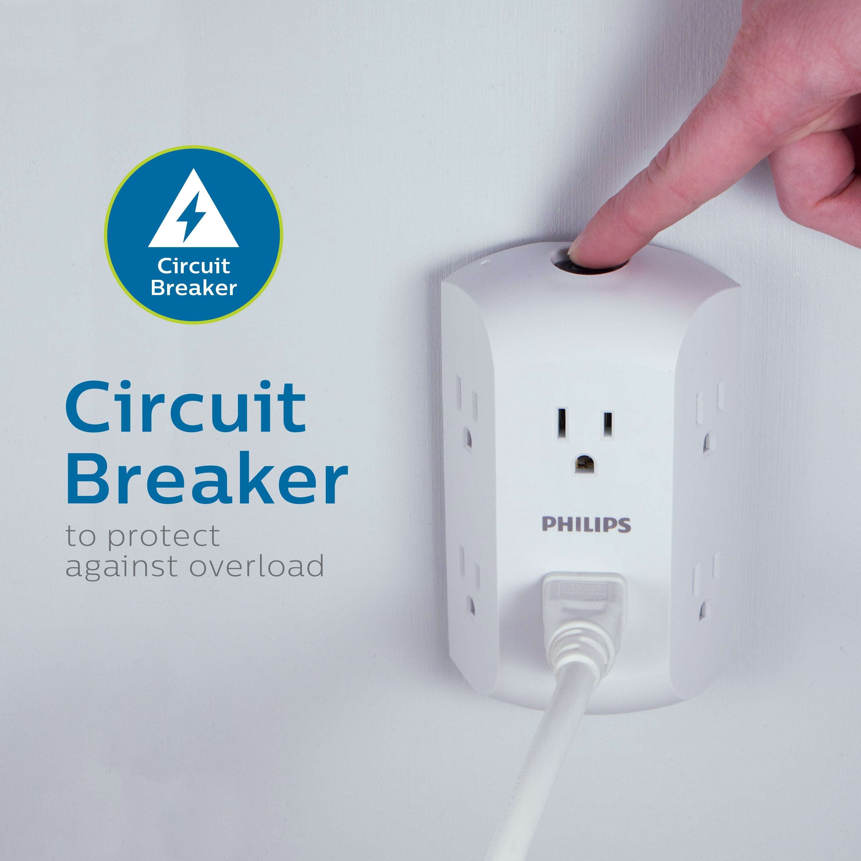Philips 6 Outlet Grounded Wall Tap, Resettable Circuit Breaker, White, SPS1460WA/37