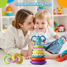 Elephant stacking ring toys set with blue elephant, rainbow rings, and base