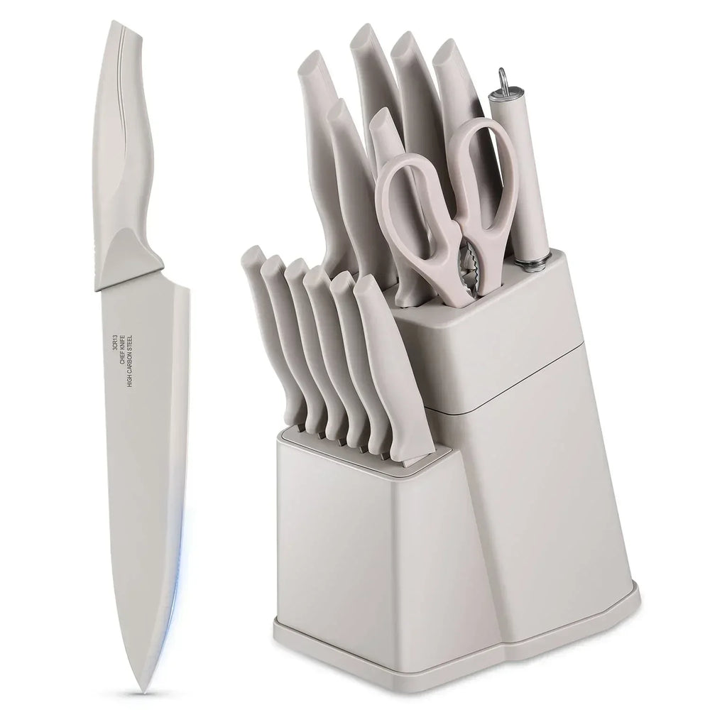 Walchoice 15 Pieces Knife Set with Block, High Carbon Stainless Steel Kitchen Knife Set with Sharpener, Rust Resistant & Dishwasher Safe - USA MEGA SHOP