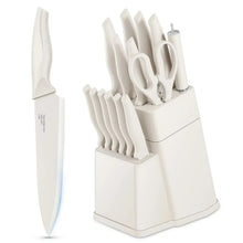 White 15-piece knife set with matching block and included sharpener