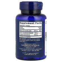 Supplement facts label on blue capsule bottle for glutathione, cysteine & vitamin C