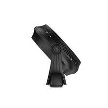 Black floor fan with angled pivoting head and grille vent openings