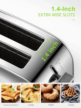 Silver toaster with extra-wide slot openings and side lever on the front