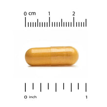 Gold-colored CoQ10 softgel capsule with measurement guide