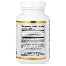 Ashwagandha extract bottle back label with Supplement Facts, 450 mg, 180 veggie capsules