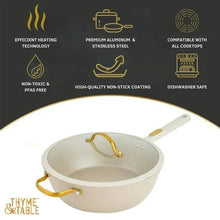 Taupe nonstick sauté pan shown on an infographic with gold handles and white grip