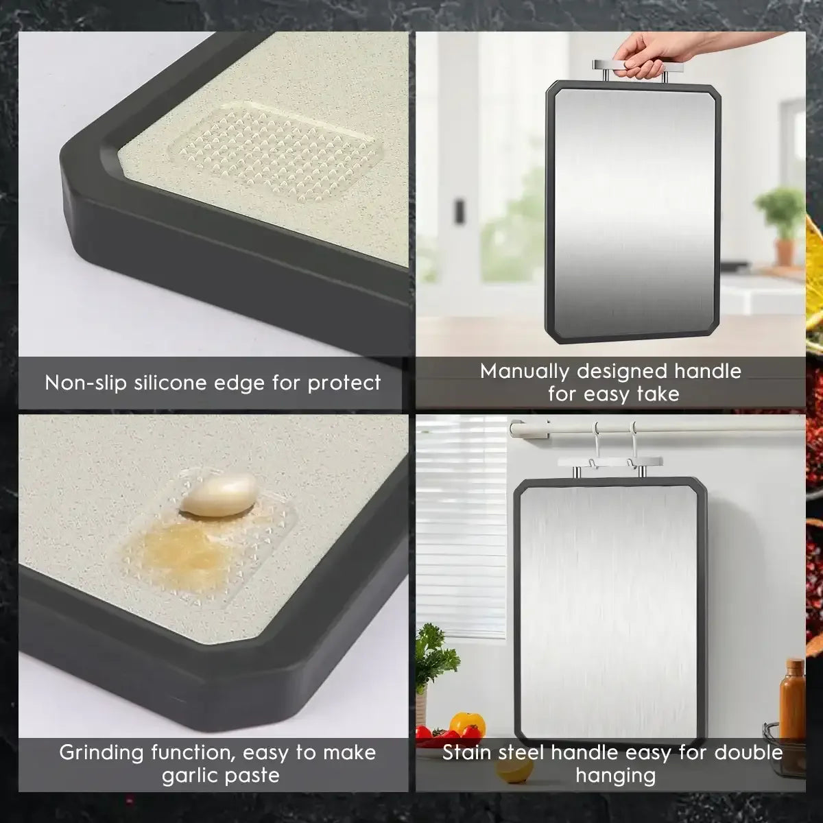 Double-Sided Cutting Board, AOKIWO Large Cutting Boards with Handle & Knife Protector finger guard，Non toxic Stainless Steel Wheat straw PP Chopping Board for Kitchen meat and vegetables-16 * 11 Inch - USA MEGA SHOP