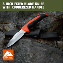 Fixed blade knife with rubberized orange-and-black handle