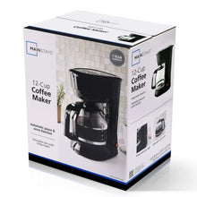 Black 12-cup coffee maker retail box with product photo and key details