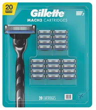 Gillette Mach3 cartridge pack displaying 20 cartridges and a black razor handle