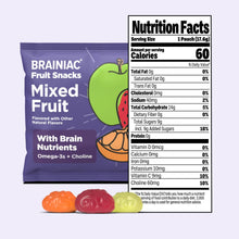 Mixed fruit fruit snack pouch panel with Nutrition Facts and three colored snack bites