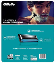Gillette Mach3 razor blade cartridge pack with teal backing and three-blade heads