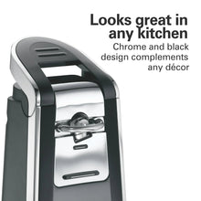 Black and stainless automatic can opener with chrome handle and cutting wheel