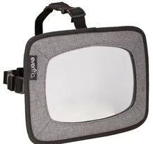 Backseat baby mirror with gray fabric frame and adjustable strap