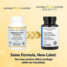 Hyaluronic acid complex supplement bottles with white and black labels, side-by-side