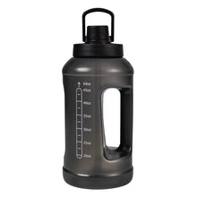 Translucent black 64oz water bottle with carry handle, side window handle grip, lid