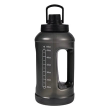 64 oz water bottle with carry handle, translucent dark body, measurement scale