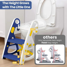 Adjustable-height potty training toilet seat with blue ladder and step height markings