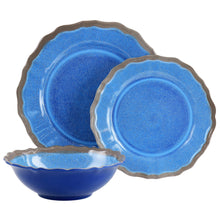 Blue melamine dinnerware set with scalloped plates and matching bowl.